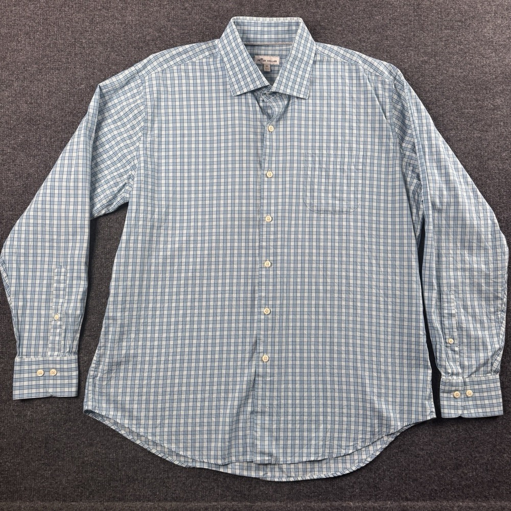 Peter Millar Mens XL Blue Plaid Button Front Long Sleeve Shirt Casual Dress